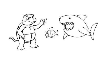 Zwart-wit lijntekening van een boze schildpad die naar een dreigende haai wijst, terwijl een klein, lachend visje ertussen zwemt.