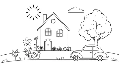 Kleurplaat van een landelijk tafereel met een huis, zon, wolk, boom, auto, heuvel, gras, planten, bloemen en slakken.
