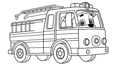 Kleurplaat van een brandweerwagen in cartoonstijl met een hond achter het stuur.