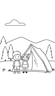 Zwart-wit kleurplaat van een campingtafereel met een tent, een lachende jongen, een lachend meisje, dennenbomen, bergen en een wolk.