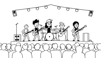 Zwart-wit kleurplaat van een rockconcert met een band op het podium en een publiek op de voorgrond.