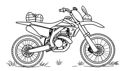 Zwart-wit lijntekening van een crossmotor met paaseieren en een paashaasje, klaar om in te kleuren.