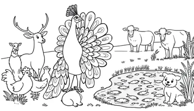Zwart-wit lijntekening van een kleurplaat met een hert, pauw, kippen, kuikens, een konijn/biggetje, twee koeien, vissen in een vijver en een lachende puppy.