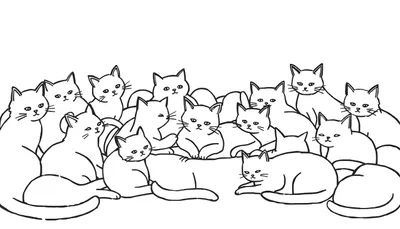 Zwart-witte minimalistische tekening van een grote groep schattige katten, dicht op elkaar zittend en liggend, op een witte achtergrond.