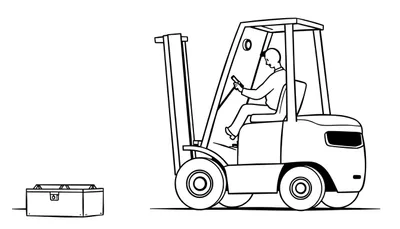 Zwart-wit lijntekening van een heftruck met een bestuurder, die naast een houten kist staat op een eenvoudige grondlijn.