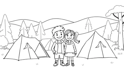Zwart-wit lijntekening kleurplaat: Een jongen en een meisje glimlachen blij op een kampeerterrein, met tenten, bomen en heuvels op de achtergrond.