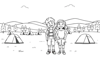 Zwart-wit kleurplaat met twee lachende kinderen, een jongen en een meisje, omringd door kampeertenten en naaldbomen in een natuurlijke omgeving met heuvels op de achtergrond.