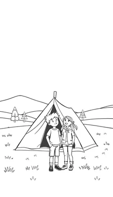 Zwart-wit kleurplaat met twee lachende kinderen, een jongen en een meisje, die voor een kampeertent staan. Achtergrond met heuvels en bomen.