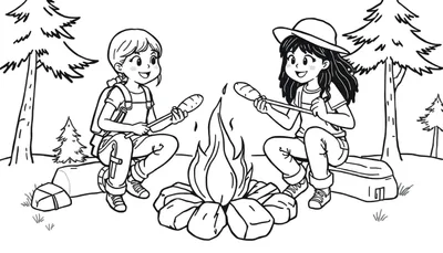 Zwart-wit tekening van twee lachende meisjes die broodjes roosteren boven een kampvuur in een bos.