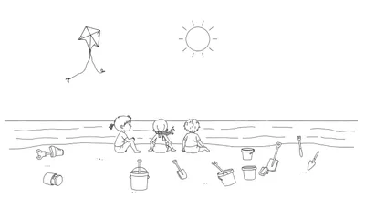 Kleurplaat van drie kinderen zittend op het strand, kijkend naar de zee, met emmers en schepjes om hen heen.