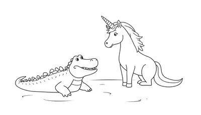 Kleurplaat van een cartoon krokodil met een glimlach en een eenhoorn met een hoorn, die elkaar aankijken.