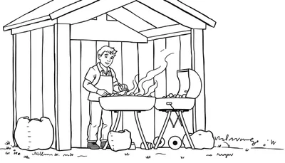 Zwart-wit kleurplaat van een man die met een tang eten omdraait op een barbecue onder een houten afdak.