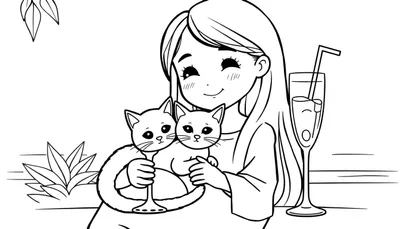 Kleurplaat van een meisje met lang haar dat twee katten knuffelt, met een glas met een drankje en ijsblokjes ernaast, omringd door bladeren.