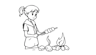 Zwart-wit tekening van een meisje met een staartje en een zeemanskraag, die met een stok vol marshmallows boven een klein kampvuur staat te roosteren. Ze kijkt met een vriendelijke glimlach naar het vuur.