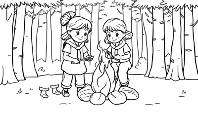 Zwart-wit lijntekening van twee vrolijke meisjes die worstjes roosteren boven een kampvuur in een bos, met hoge bomen op de achtergrond en losse laarzen op de voorgrond.