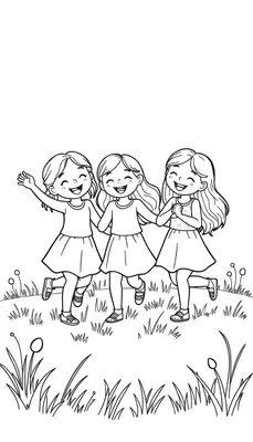 Zwart-wit lijntekening van drie lachende jonge meisjes die samen door het gras rennen. Het meisje links zwaait, het middelste kijkt vooruit, en het meisje rechts heeft haar handen voor haar borst.
