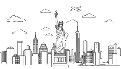 Zwart-wit lijntekening van de skyline van New York City met het Vrijheidsbeeld, wolkenkrabbers, wolken en een vliegtuig.