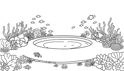 Lijntekening van een onderwaterwereld met een centrale ronde observatiestructuur, zeewier, koralen en diverse vissen.