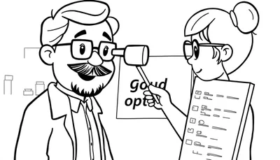 Illustratie van een optieksessie, waarbij een vrouwelijke opticien met een bril en een knot een man met een bril, snor en baard onderzoekt met een retinoscoop-achtig apparaat. Een oogkaart is zichtbaar op een klembord.