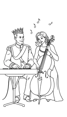 Zwart-wit kleurplaat van een prins die keyboard speelt en een prinses die cello speelt, met muzieknoten erboven.