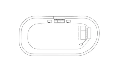 Schematische lijntekening van bovenaf van een racebaan met tribunes en gebouwen.