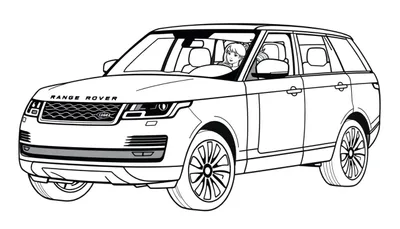 Zwart-wit lijntekening van een Range Rover SUV met een lachende blonde vrouw achter het stuur, klaar om ingekleurd te worden.
