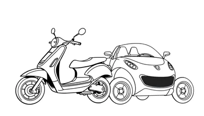 Zwart-wit lijntekening van een kleurplaat waarop een klassieke scooter en een klein, compact autootje met open dak naast elkaar staan.