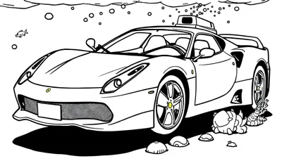 Gedetailleerde zwart-wit lijntekening van een rode sportauto, vergelijkbaar met een Ferrari, die op de zeebodem staat. Gele accenten op het logo en de velgen. Omringd door luchtbellen, koraal, schelpen en een zwemmende vis. Het wateroppervlak is zichtbaar aan de bovenkant met golvende lijnen.