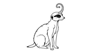 Zwart-wit lijntekening van een stokstaartje met een spiraalvormige hoorn.