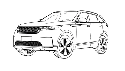 Zwart-wit lijntekening van een Range Rover Velar SUV, gezien vanuit een driekwart vooraanzicht, klaar om ingekleurd te worden.