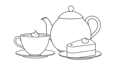 Zwart-wit lijntekening van een theepot, een kopje met een kers en een stuk taart op een bord, ideaal als kleurplaat.