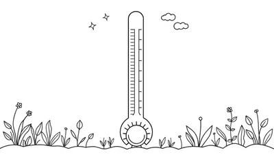 Kleurplaat van een grote verticale thermometer met een zon-symbool aan de onderkant, omringd door bloemen, planten, twee sterretjes en twee wolkjes.