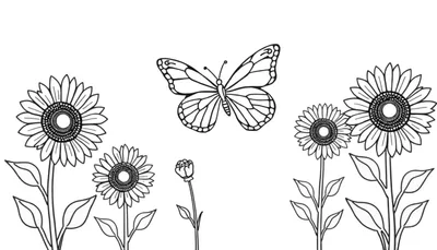 Zwart-wit lijntekening van een vlinder, vier zonnebloemen en een bloemknop, klaar om ingekleurd te worden.