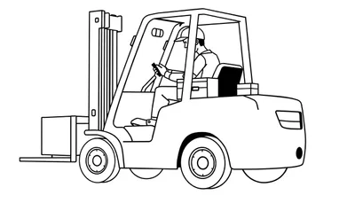 Zwart-wit lijntekening van een vorkheftruck met een bestuurder in de cabine, klaar om ingekleurd te worden.