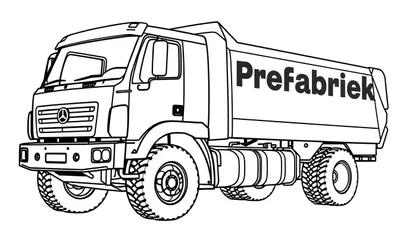 Zwart-witte lijntekening van een zware vrachtwagen met grote laadbak en het woord 'Prefabriek' erop, klaar om ingekleurd te worden.