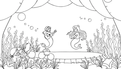 Kleurplaat van twee lachende zeemeerminnen die muziek maken en zingen voor een publiek van kleine zeemeerminnenkinderen, in een onderwaterwereld met zeewier en luchtbellen.