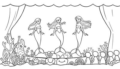 Zwart-wit lijntekening van een onderwatertheater met drie zeemeerminnen die zingen, omringd door koraal en lachende rotsen, met een publiek onderaan.