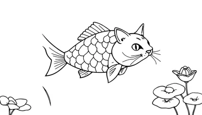Zwart-wit lijntekening van een fantasiewezen met het lichaam van een vis en de kop van een kat, zwemmend tussen bloemen en waterplanten.
