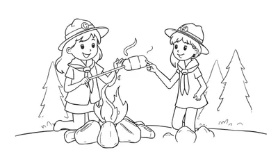 Zwart-witte kleurplaat met twee meisjes die marshmallows roosteren boven een kampvuur, met scoutshoeden en dennenbomen op de achtergrond.