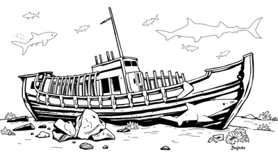 Zwart-wit kleurplaat van een scheepswrak op de zeebodem met meerdere haaien die eromheen zwemmen.