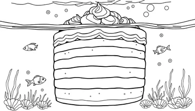 Zwart-wit lijntekening van een onderwaterwereld met een grote, gelaagde taart in het midden. Drie vissen, bellen, zeewier en schelpen vullen de scène.