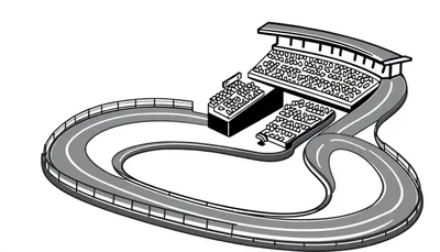 Illustratie van een racecircuit met tribunes, getekend in zwart, wit en grijstinten.