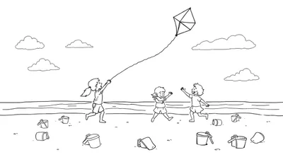Zwart-wit kleurplaat van drie spelende kinderen op een zonnig strand, één kind laat een vlieger op.