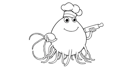Zwart-wit lijntekening van een mollige, cartoonachtige octopus met grote ogen, een brede glimlach en een koksmuts. De octopus houdt met twee tentakels een deegroller en een bolletje deeg vast.