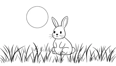 Een zwart-wit lijntekening van een schattig konijn dat zit in het gras, met een grote lege cirkel aan de hemel.