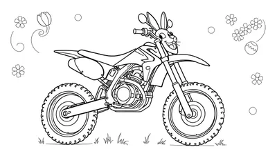 Kleurplaat van een crossmotor met een lachend konijnenhoofd als voorkant, omringd door lente- en Paaselementen zoals bloemen en een versierd ei.