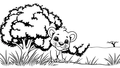 Een zwart-wit tekening van een schattig leeuwenwelpje dat vanuit het gras kijkt, met een Afrikaanse boom op de achtergrond.