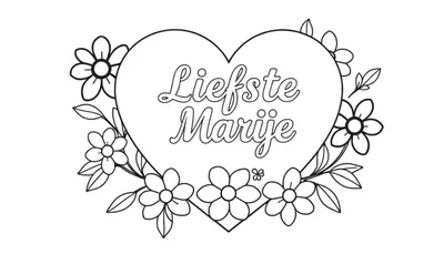 Zwart-wit kleurplaat van een groot hart met de tekst 'Liefste Marije' erin, omringd door madeliefjes, bladeren en een klein vlindertje.