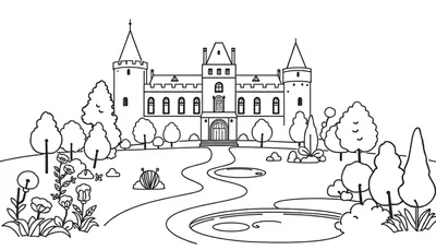 Gedetailleerde zwart-wit lijntekening van een sprookjesachtig kasteel met torens, een brede trap, glooiende tuin, vijvers, bomen, bloemen en een kleine slak.