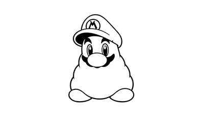 Zwart-witte lijntekening van een gestileerd, cartoonesk figuur dat lijkt op Mario, met een pet met een 'M', grote ogen en een snor. De figuur heeft een bolvormig lichaam en kleine voeten. De tekening staat op een witte achtergrond.